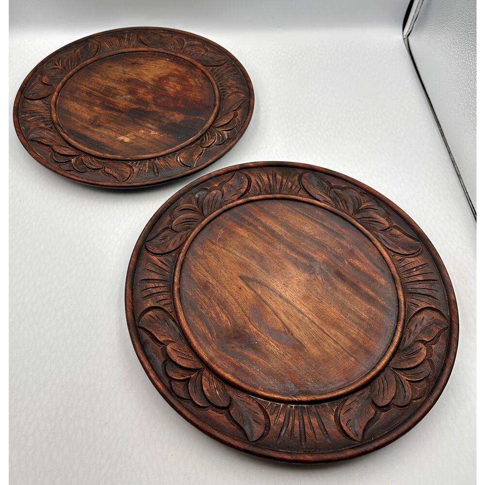 Antique Black Forest 11.5" Carved Wood Bread Board Charger Plate Set